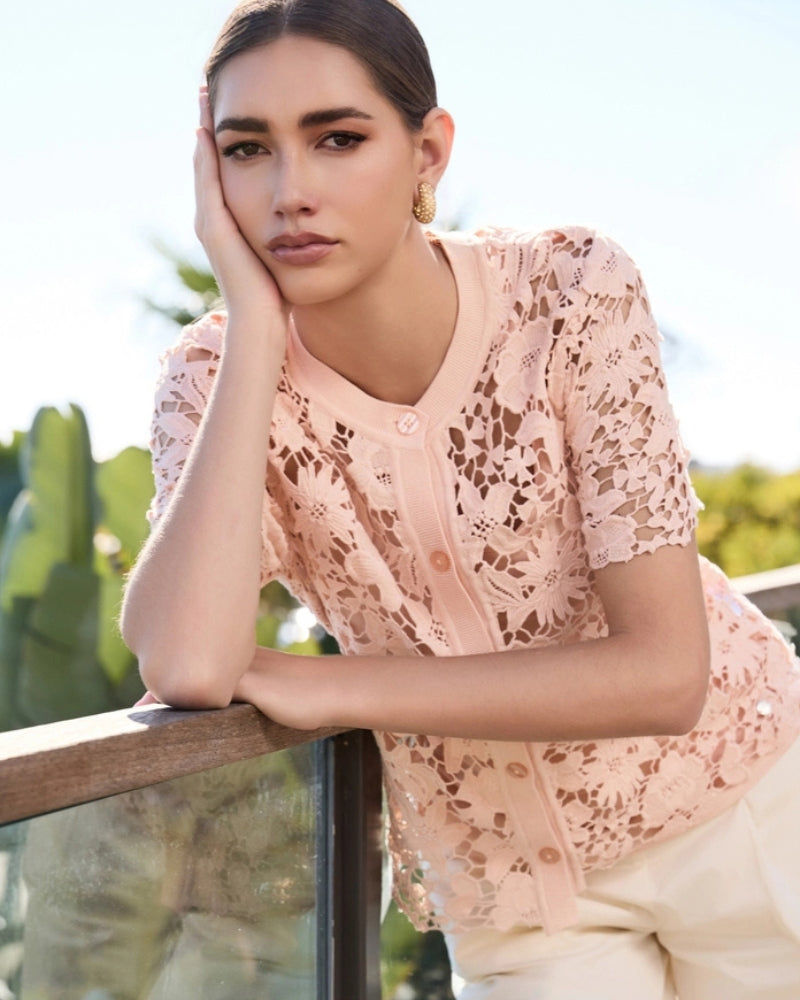 Monari Cardigan with Lace in peach button placket detail