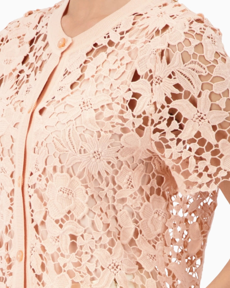 Monari Cardigan with Lace in peach floral lace detail