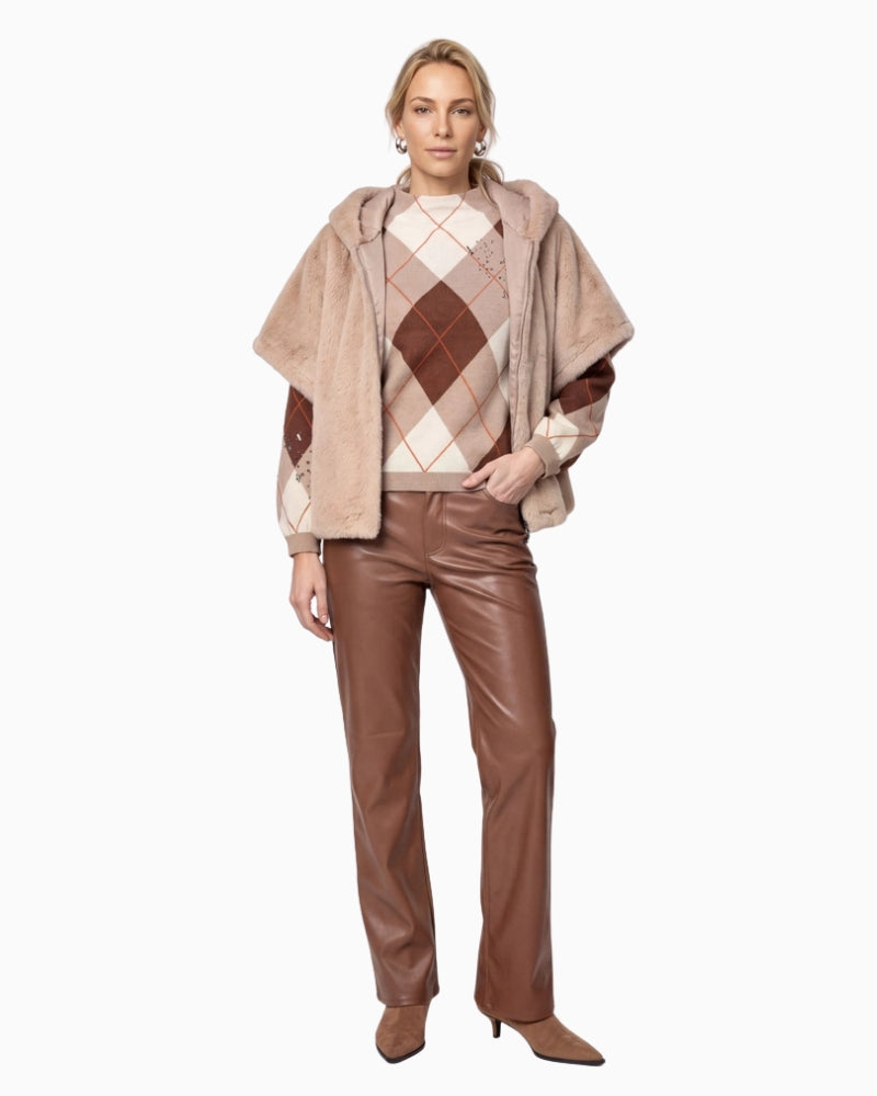 Monari Check Jacquard Jumper in brown diamond knit pattern detail