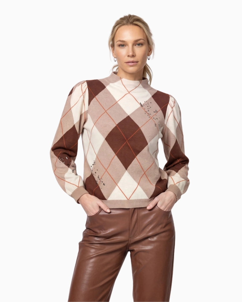 Monari Check Jacquard Jumper in brown front view