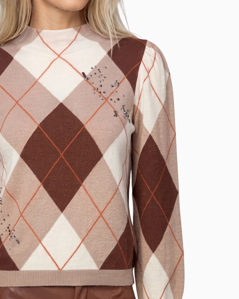 Monari Check Jacquard Jumper in brown rhinestone embellishment detail