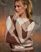 Monari Check Jacquard Jumper in brown stand-up collar detail