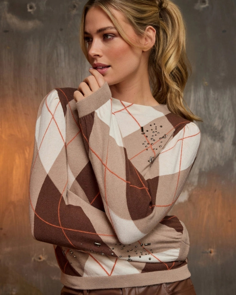 Monari Check Jacquard Jumper in brown stand-up collar detail