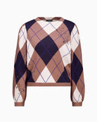 Monari Check Jacquard Jumper in light brown ruffle detail