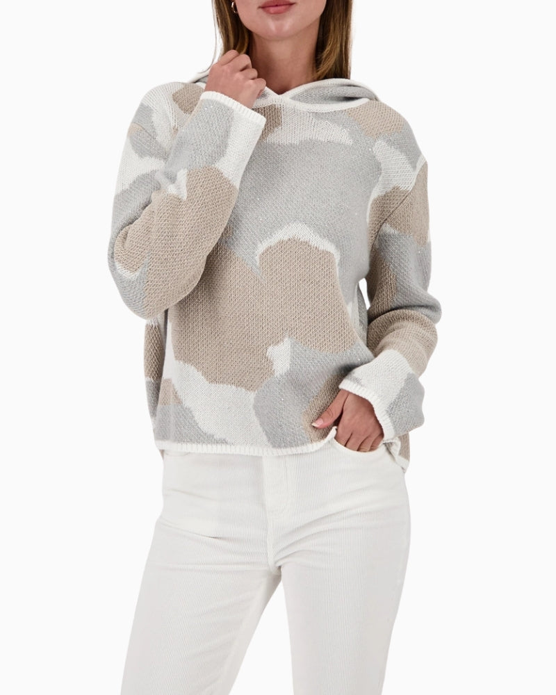 Monari knit sweater with cloud pattern front view on woman wearing it – Áines Boutique
