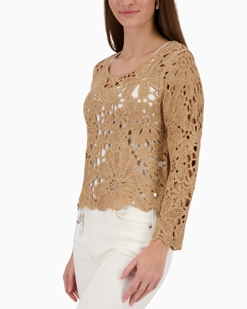 Monari cornelly crochet pattern jumper side view woman wearing – Áines Boutique