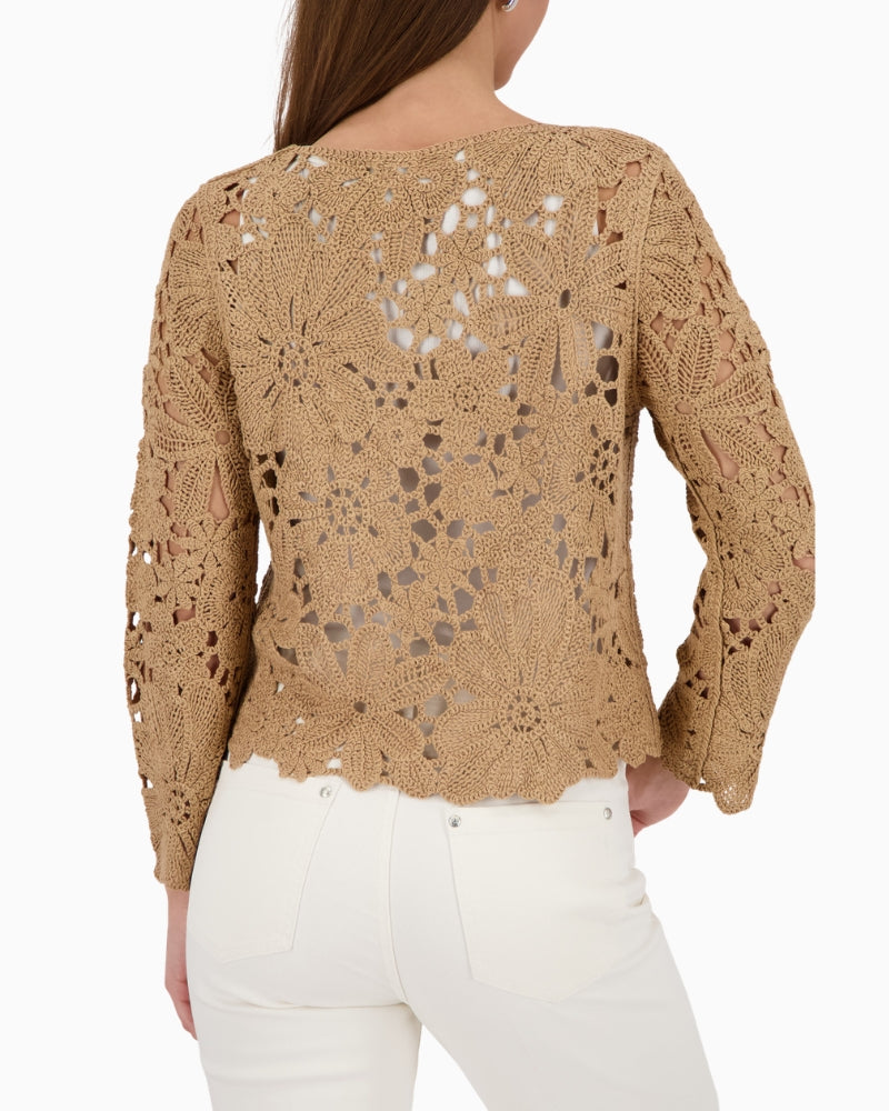 Monari cornelly crochet pattern jumper back view woman wearing – Áines Boutique