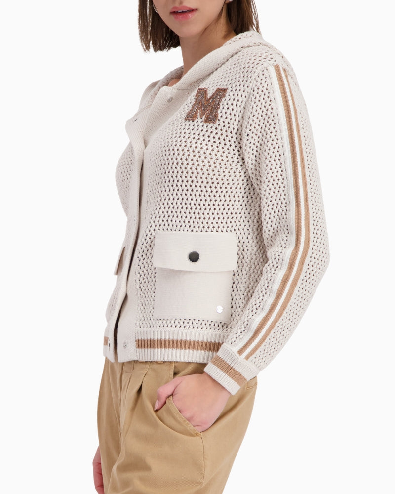 Monari cotton cardigan with ajour structure side view woman wearing – Áines Boutique