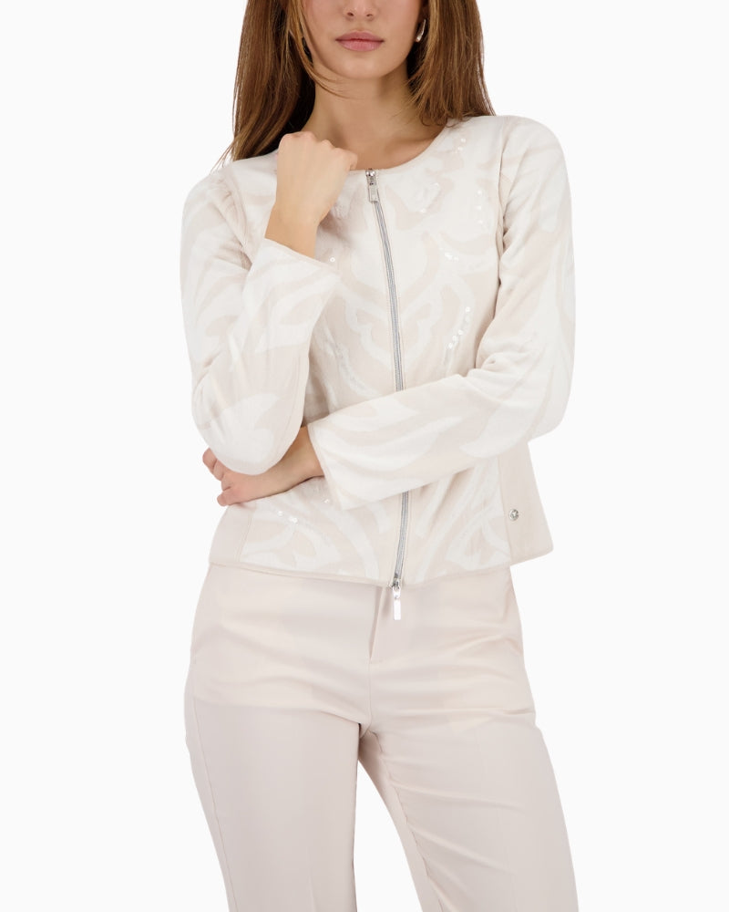 Monari cotton cardigan with jacquard pattern front view woman wearing – Áines Boutique