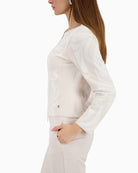 Monari cotton cardigan with jacquard pattern side view woman wearing – Áines Boutique