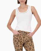 Monari cotton top with embellished collar front view woman wearing – Áines Boutique