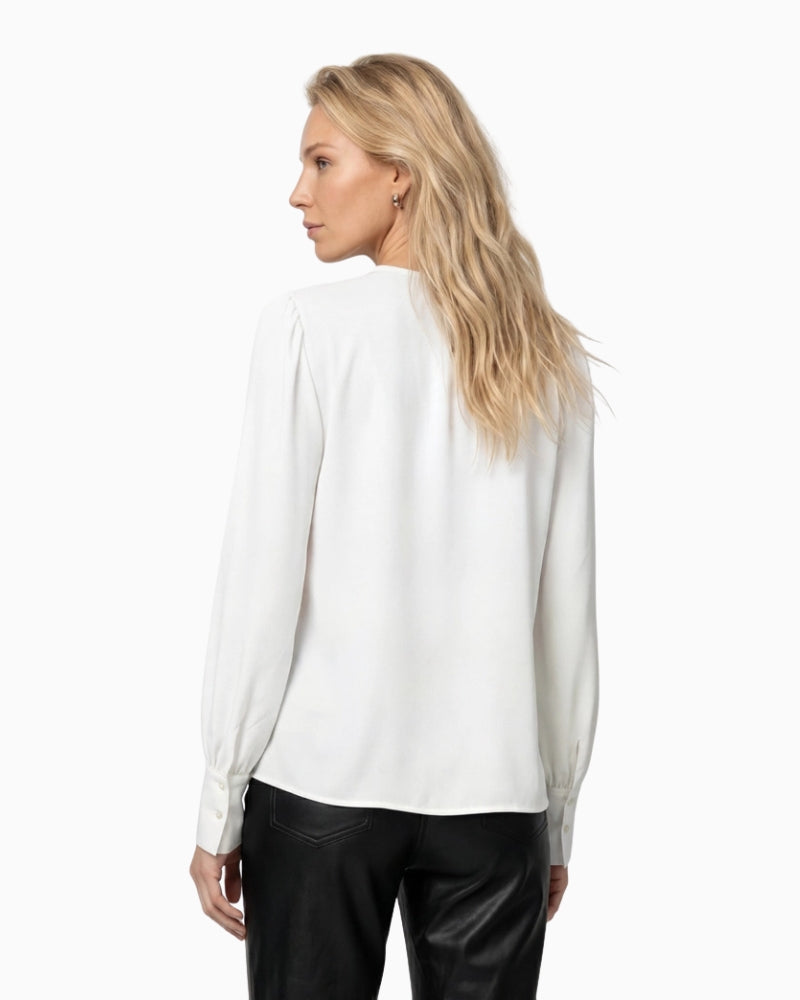 Monari Crêpe Ruffle Blouse in oatmeal back view