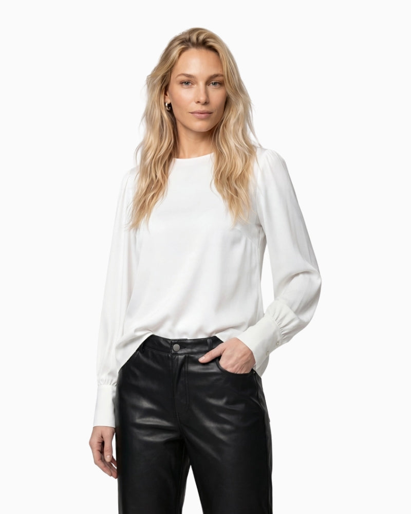 Monari Crêpe Ruffle Blouse in oatmeal front view