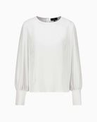 Monari Crêpe Ruffle Blouse in oatmeal showing ruffle detailing