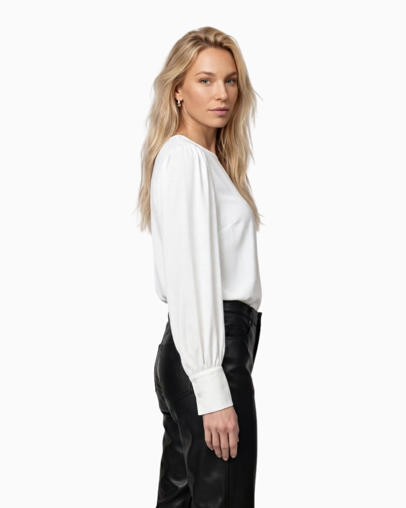 Monari Crêpe Ruffle Blouse in oatmeal showing wide sleeve cuffs
