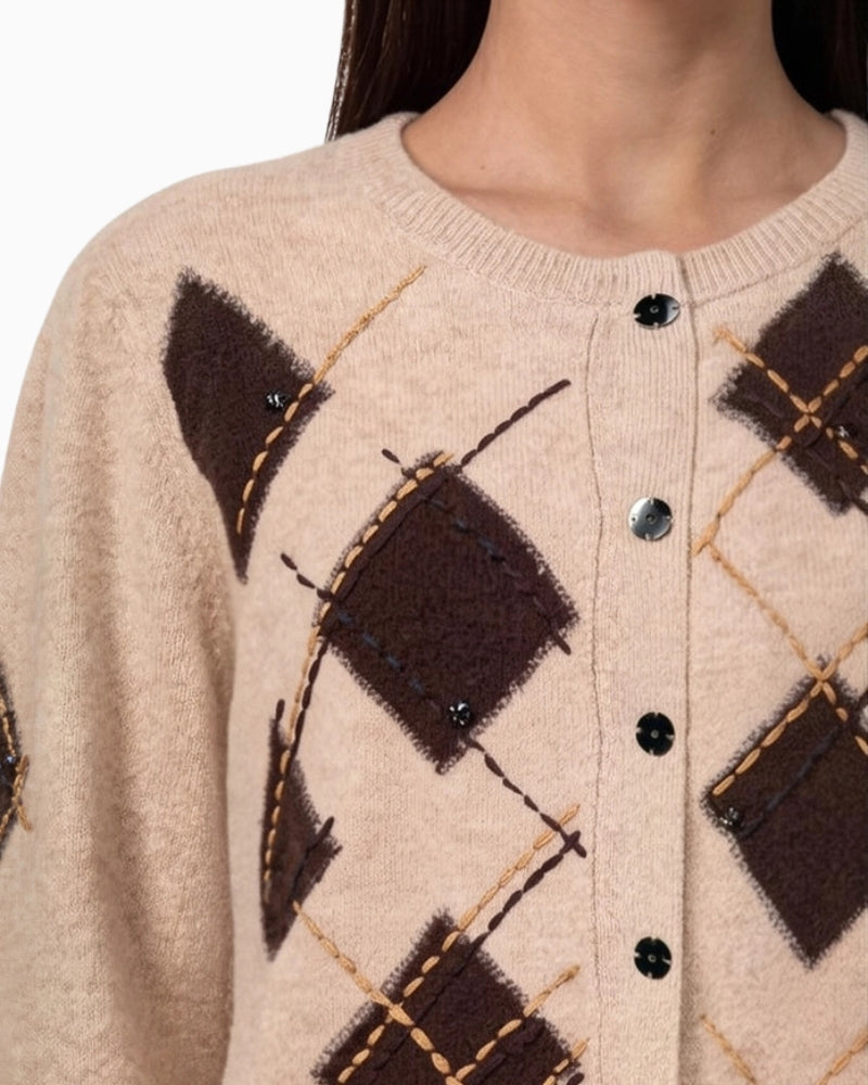 Monari Diamond Cardigan in light beige diamond pattern detail