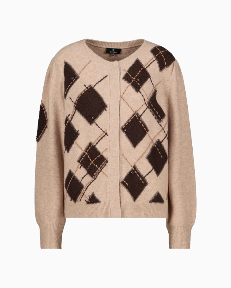 Monari Diamond Cardigan in light beige distressed hem detail