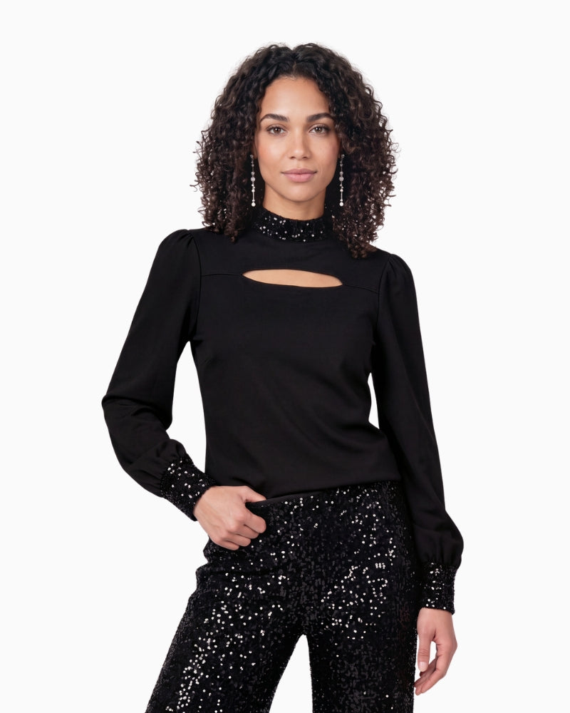 Monari Embellished Side Slit Sweatshirt in Black front view
