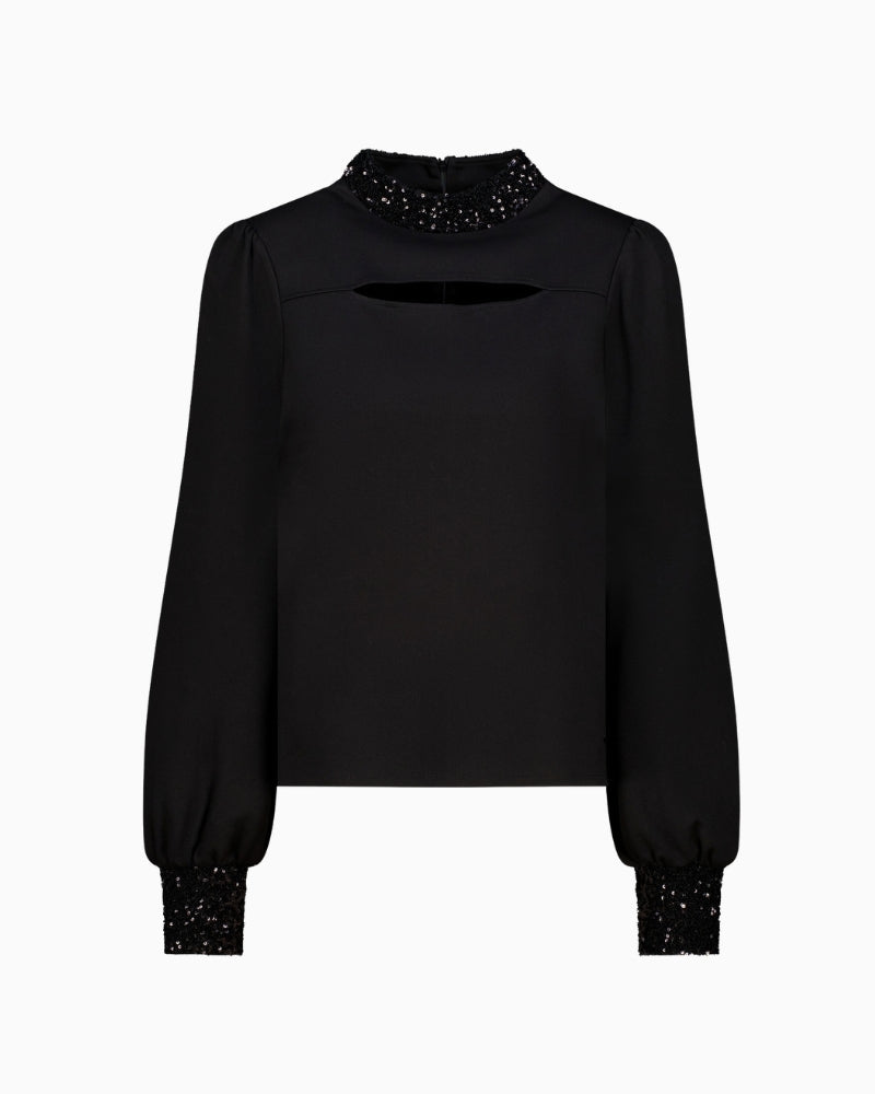 Monari Embellished Side Slit Sweatshirt in Black lace detail