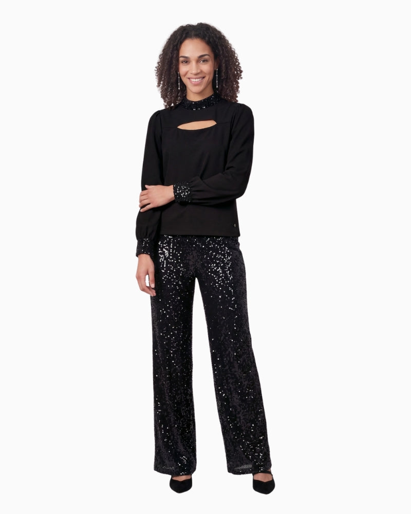Monari Embellished Side Slit Sweatshirt in Black styled view