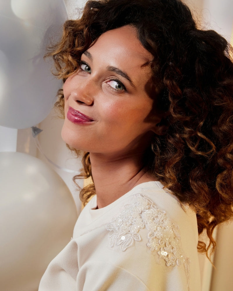 Monari Embellished Sweatshirt in Cream close-up of embroidered design