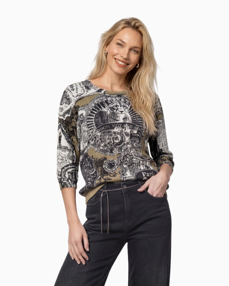 Monari Emblem Print Jumper in black print front view