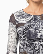 Monari Emblem Print Mesh Top in black print emblem pattern detail
