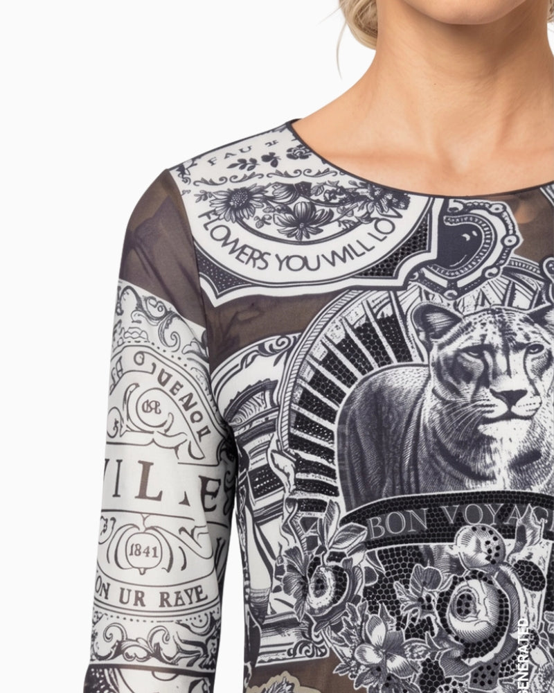Monari Emblem Print Mesh Top in black print emblem pattern detail
