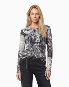 Monari Emblem Print Mesh Top in black print front view