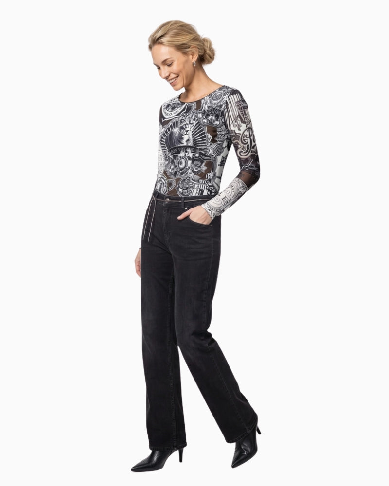 Monari Emblem Print Mesh Top in black print model front view