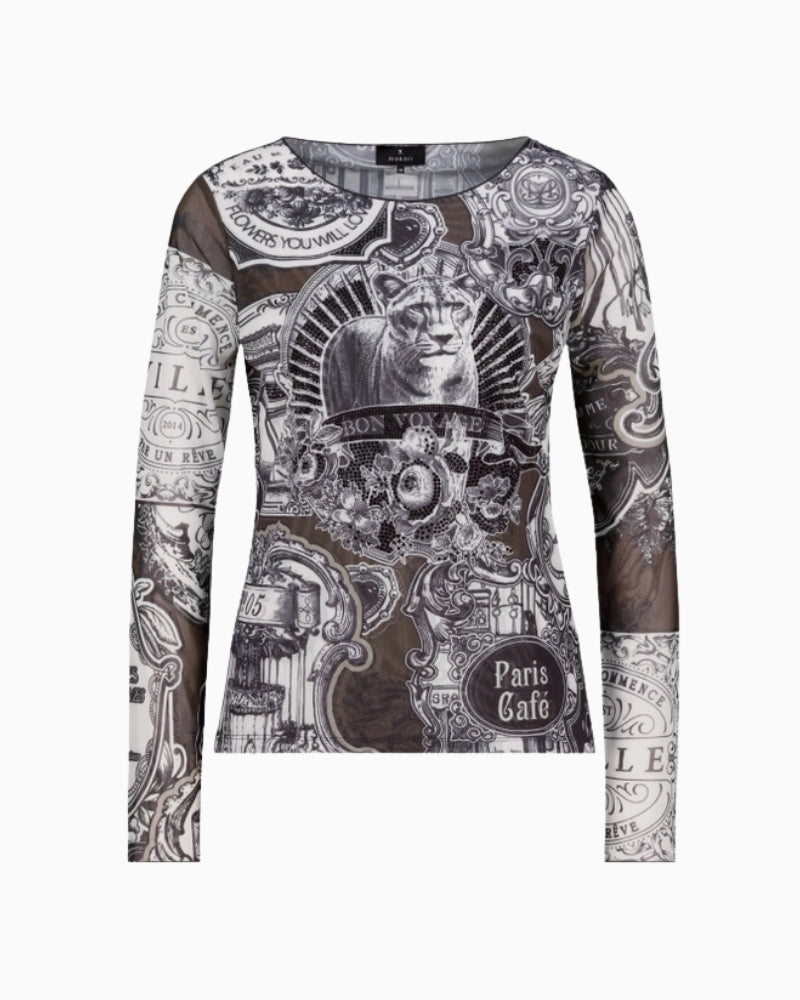 Monari Emblem Print Mesh Top in black print rhinestone detail