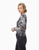 Monari Emblem Print Mesh Top in black print side view