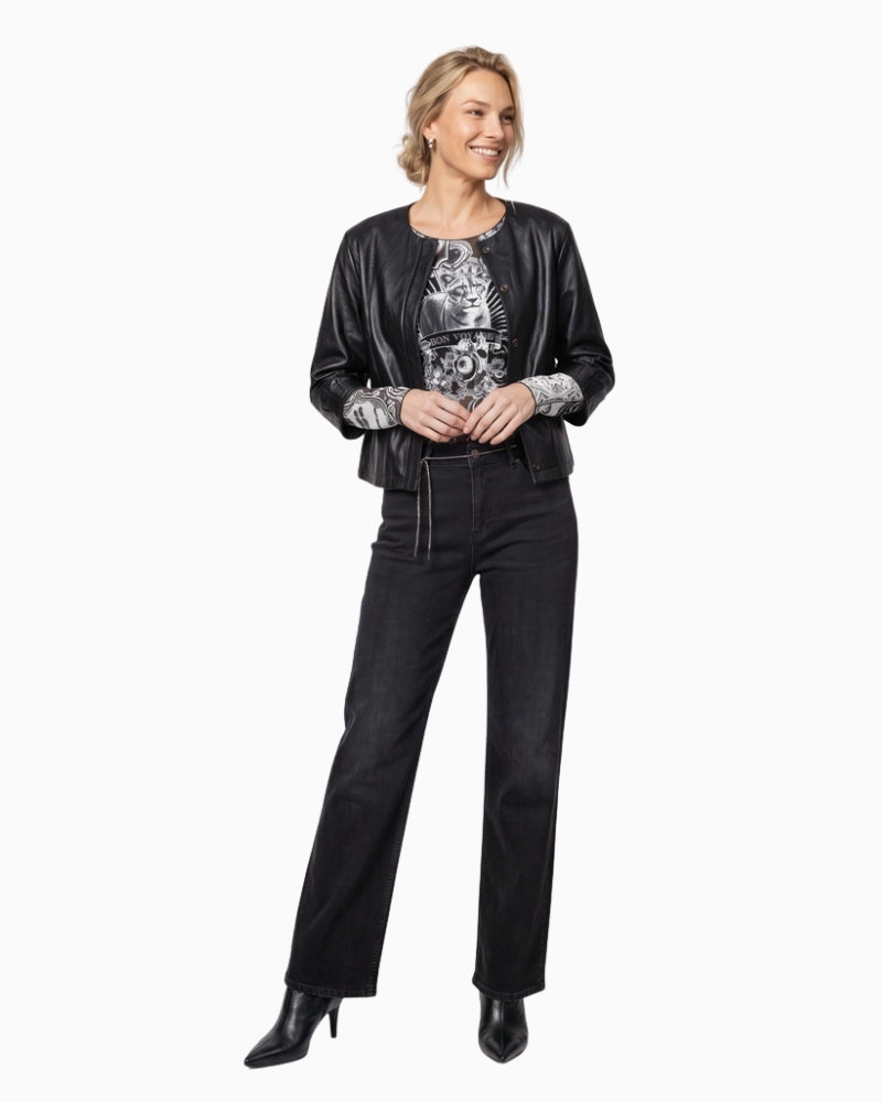 Monari Emblem Print Mesh Top in black print styled view