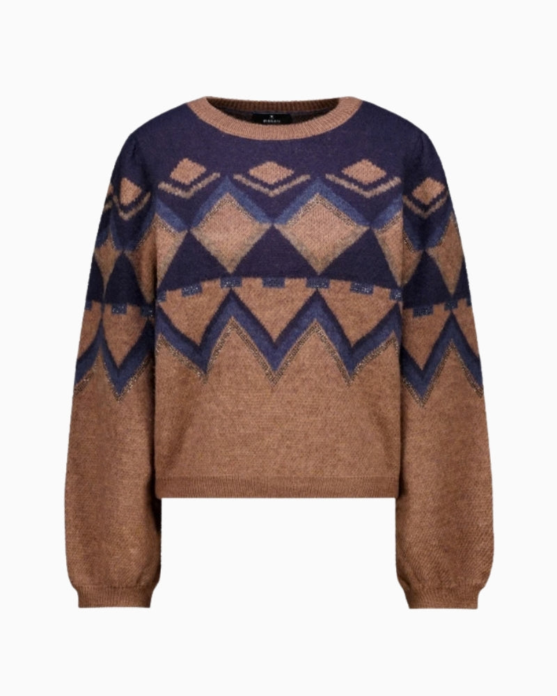 Monari Fair Isle Pattern Jumper in camel jacquard pattern detail