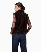 Monari Faux Fur Vest with Stand-Up Collar in dark brown back view