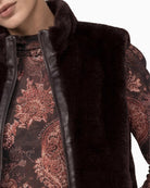 Monari Faux Fur Vest with Stand-Up Collar in dark brown collar detail