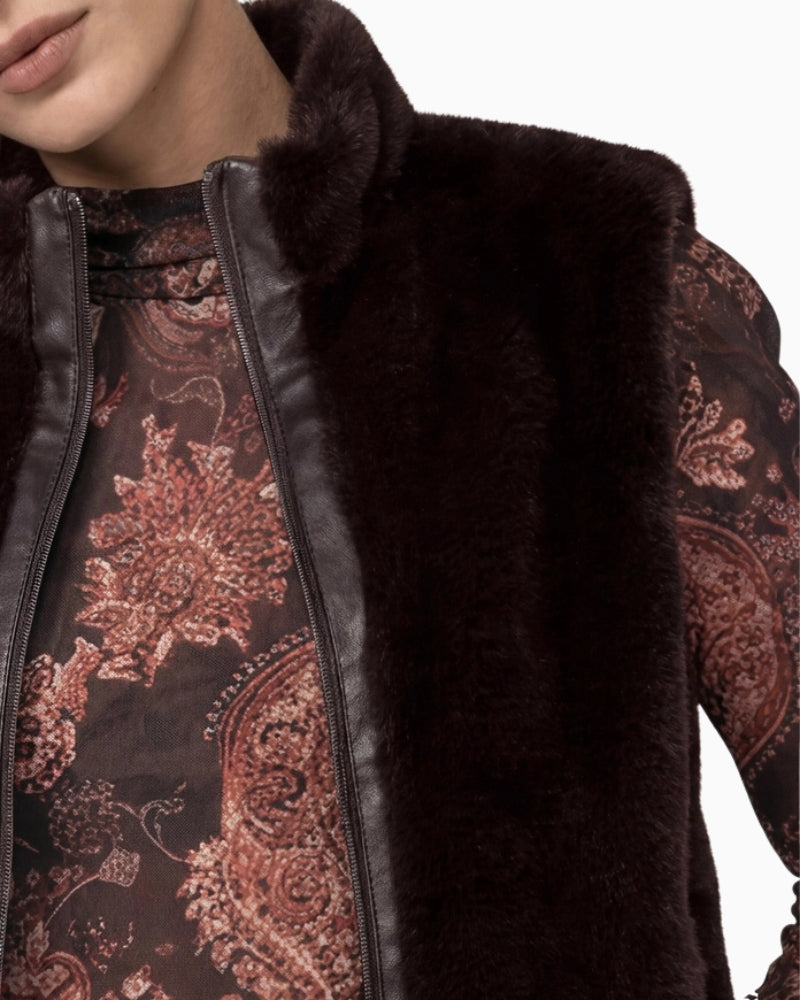 Monari Faux Fur Vest with Stand-Up Collar in dark brown collar detail