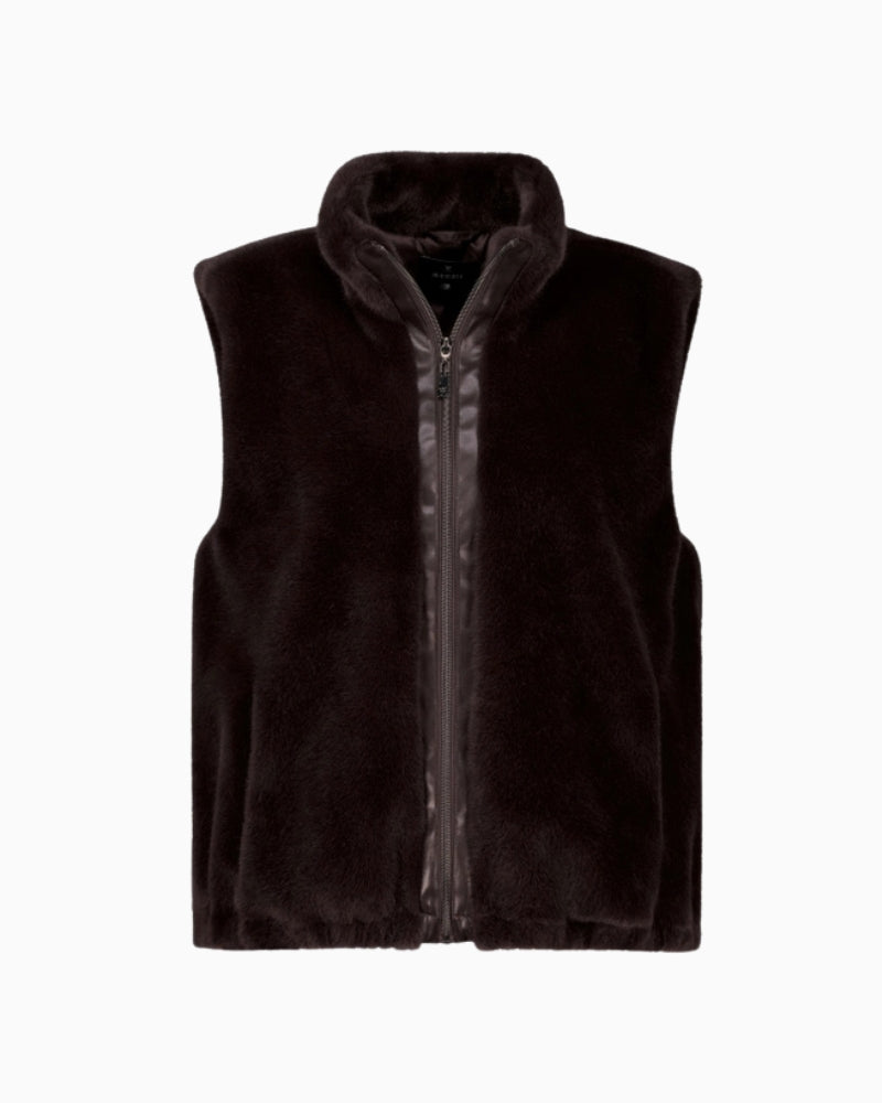 Monari Faux Fur Vest with Stand-Up Collar in dark brown faux fur texture detail