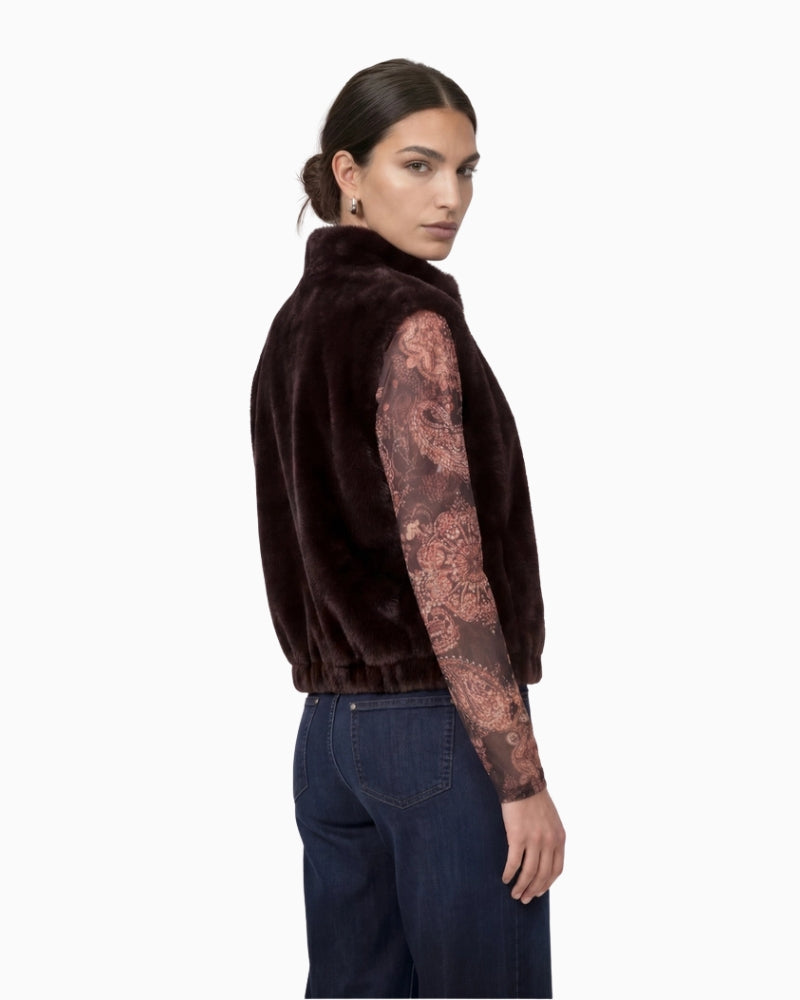 Monari Faux Fur Vest with Stand-Up Collar in dark brown side view