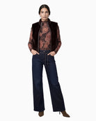 Monari Faux Fur Vest with Stand-Up Collar in dark brown styled view