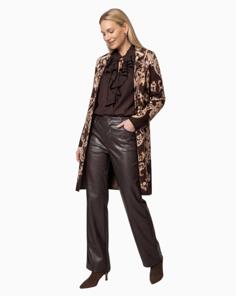 Monari Flounce Blouse in dark brown styled with long cardigan