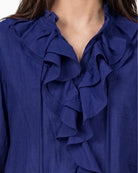 Monari Frill Detail Blouse in Navy close-up of ruffled stand-up collar and drawstring