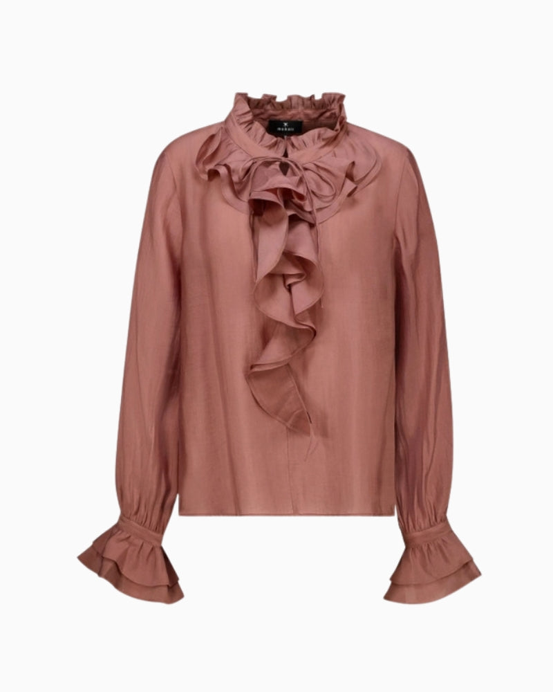 Monari Frill Detail Blouse in light brown drawstring collar detail