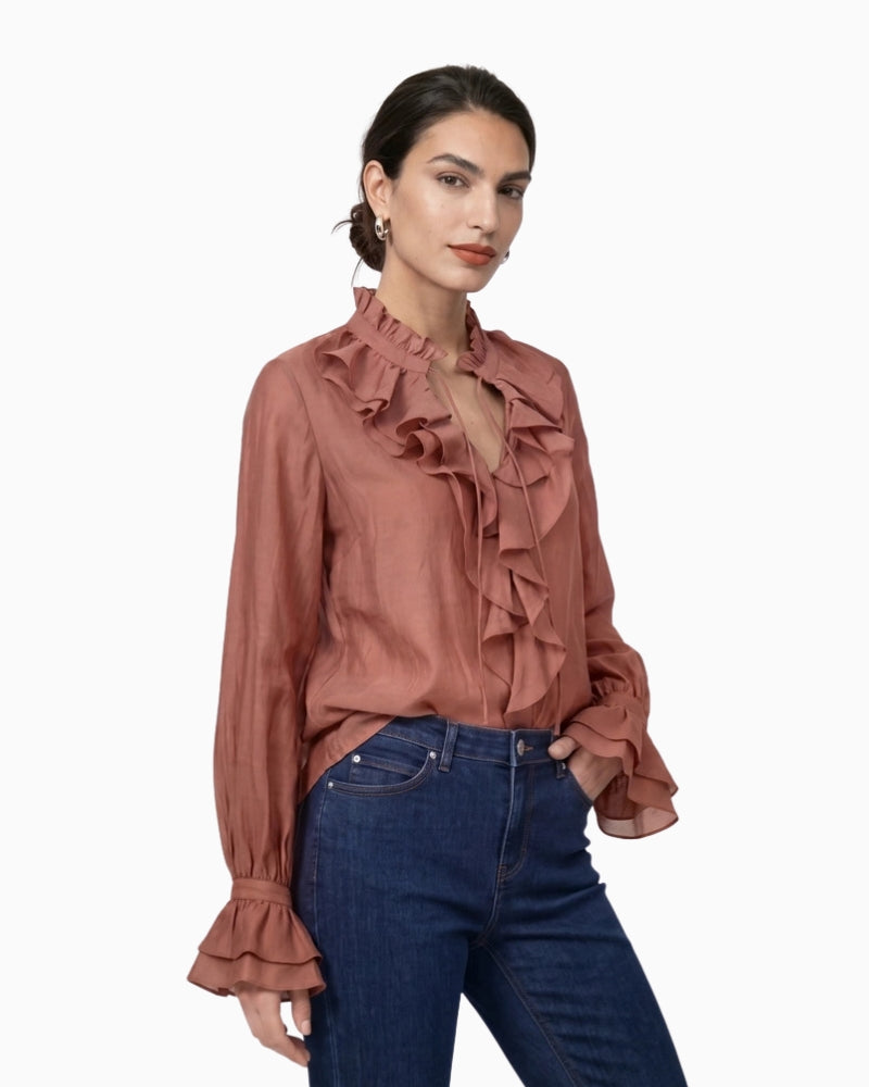 Monari Frill Detail Blouse in light brown front view