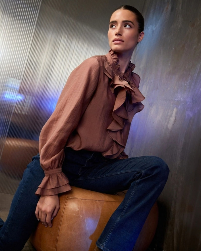Monari Frill Detail Blouse in light brown ruffled collar detail