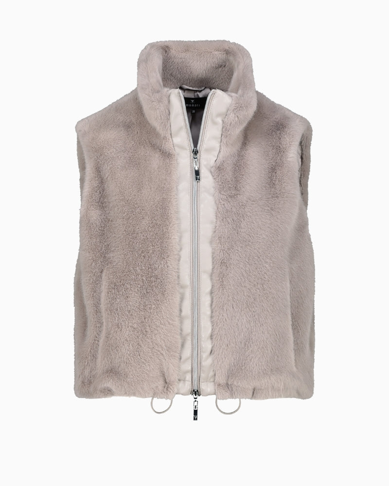 Detail shot of high stand-up collar and soft faux fur texture