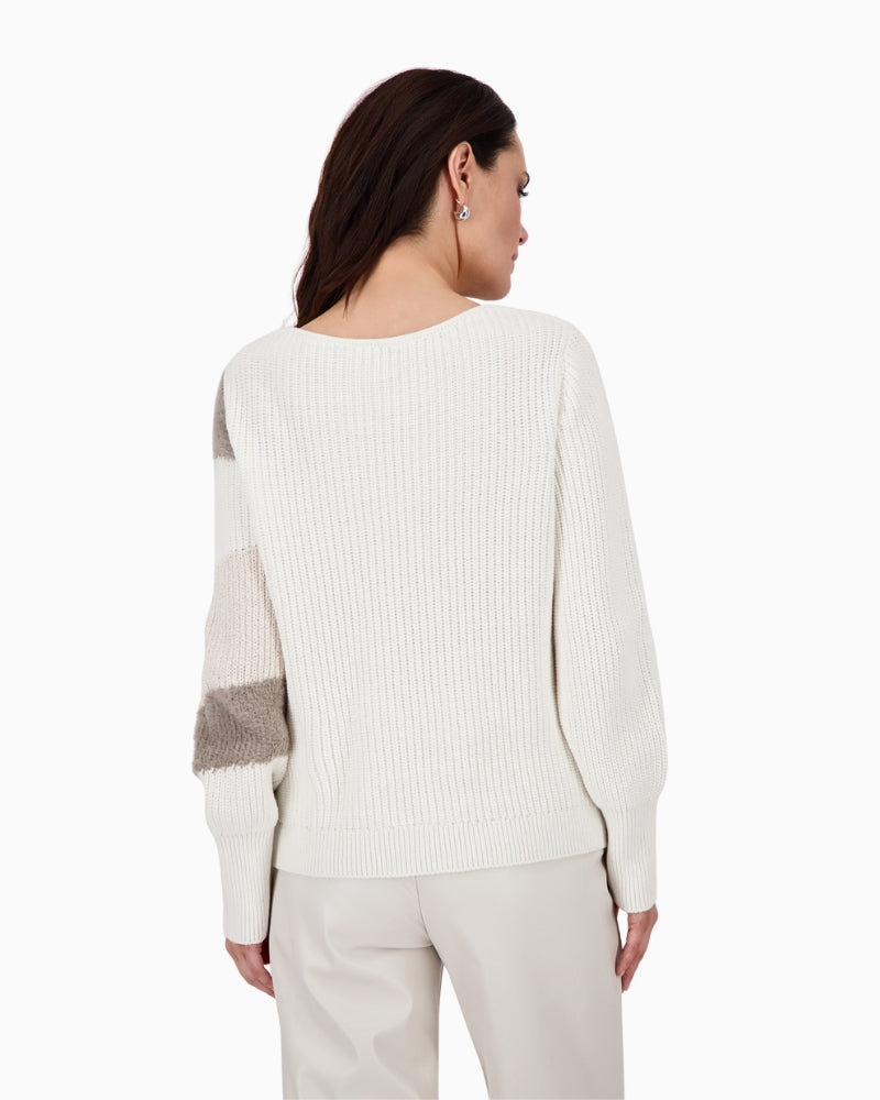 Back view of cosy off white jumper with clean hem