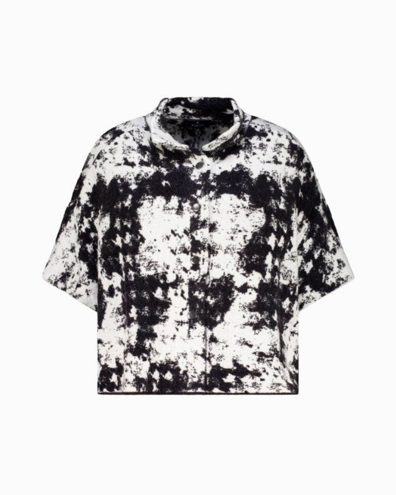 Monari Jacquard Knit Cape in black and white stand-up collar detail