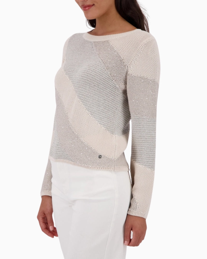 Woman wearing Monari Jumper With Material Mix side profile – Áines Boutique