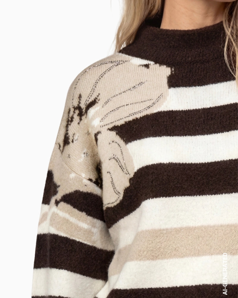 Monari Jumper in light beige striped floral detail